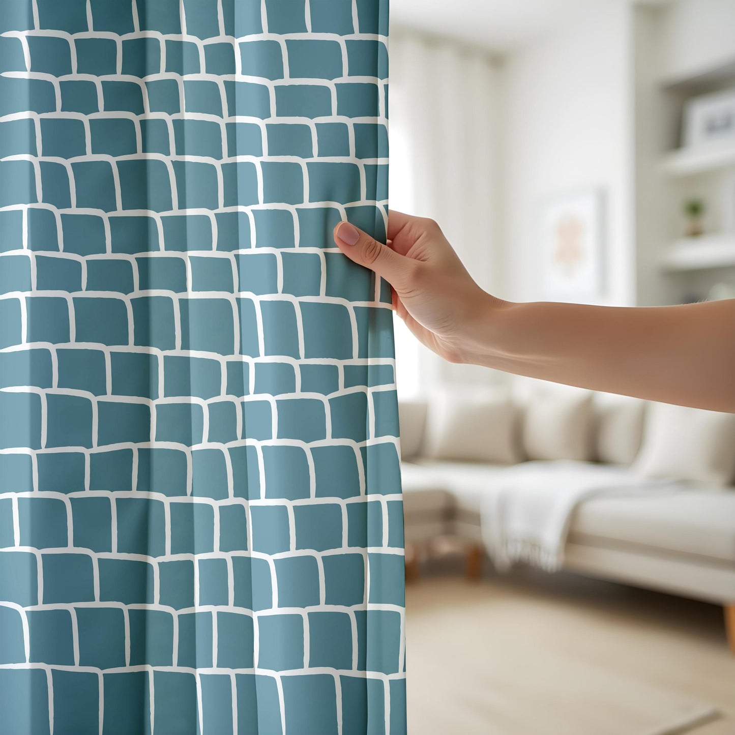Onay Abstract Teal Grid Curtains – Teal Blue Hand-Drawn Geometric Drapes
