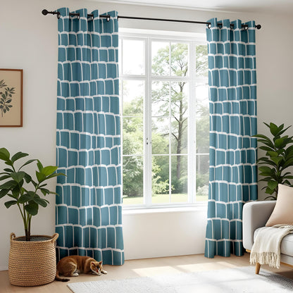 Onay Abstract Teal Grid Curtains – Teal Blue Hand-Drawn Geometric Drapes