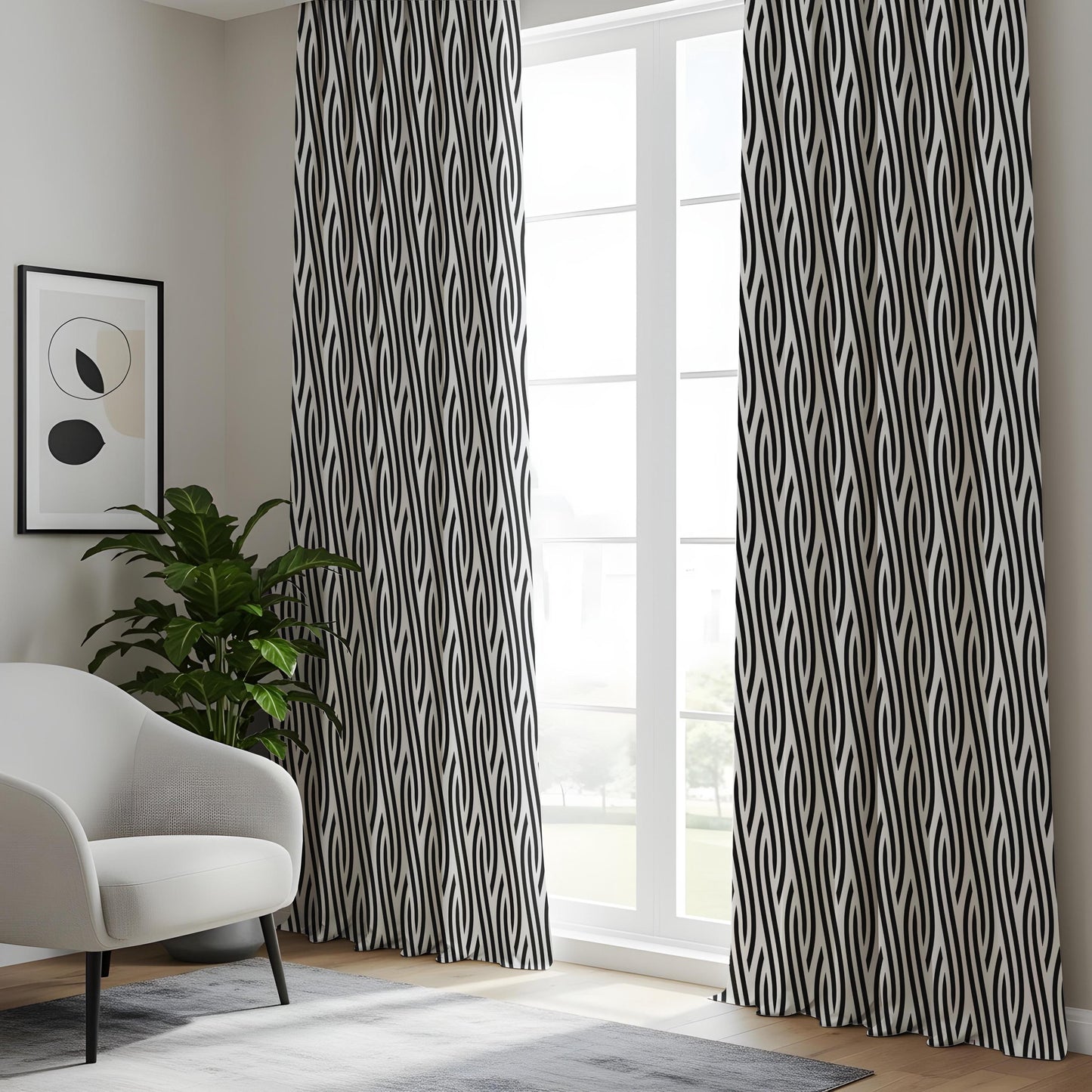 Onay Black White Geometric Curtains – Abstract Wave Pattern Drapes