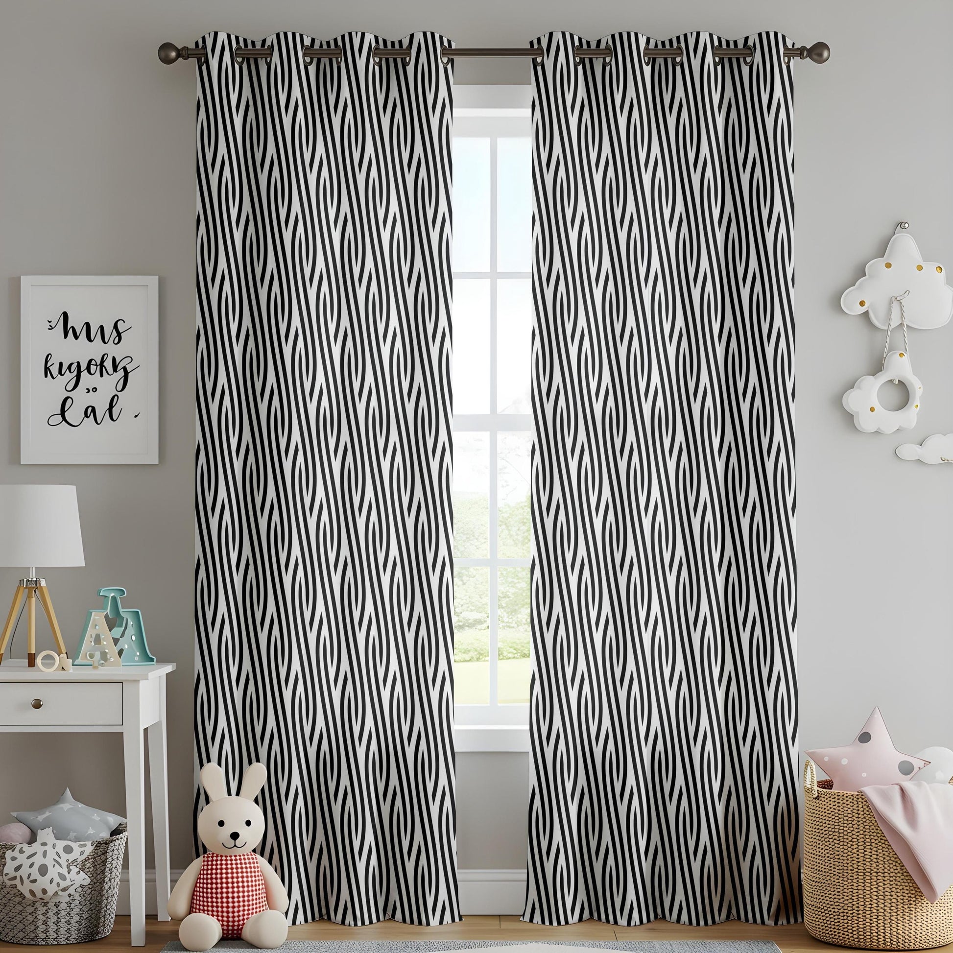 Onay Black White Geometric Curtains – Abstract Wave Pattern Drapes
