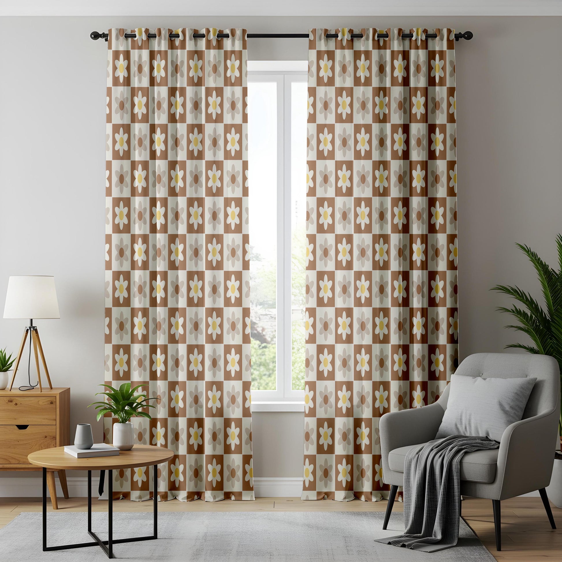Onay Retro Daisy Curtains – Brown Checkered Floral Drapes