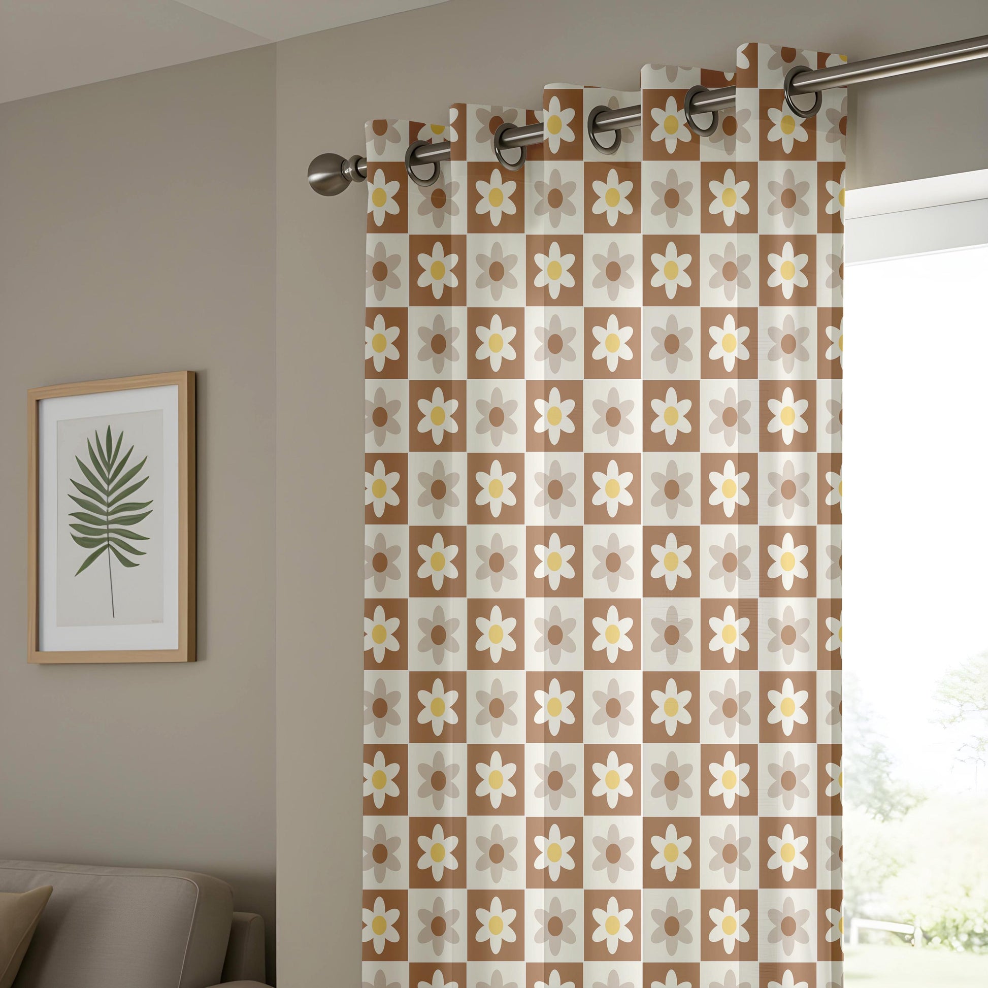Onay Retro Daisy Curtains – Brown Checkered Floral Drapes