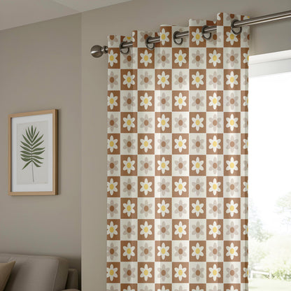Onay Retro Daisy Curtains – Brown Checkered Floral Drapes