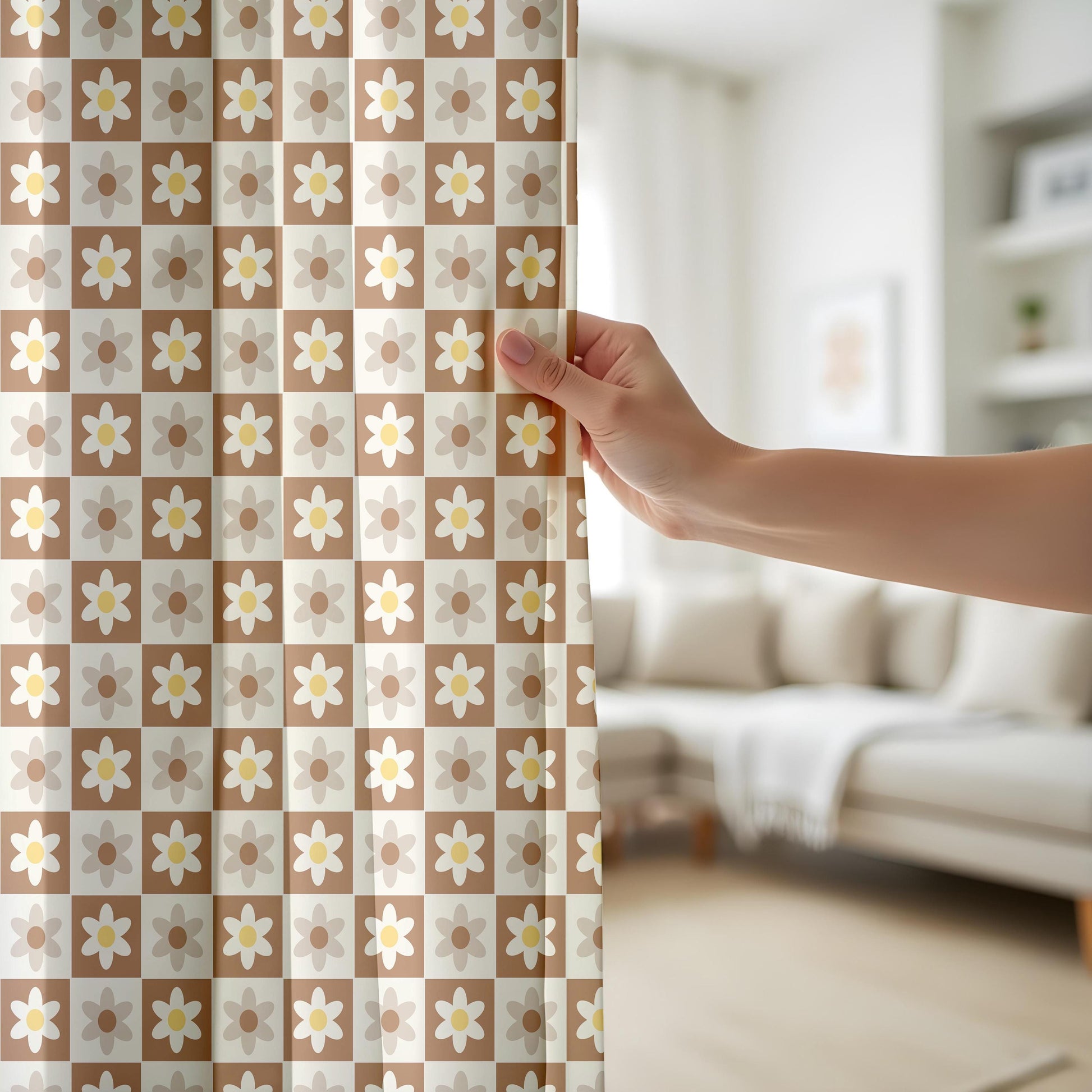 Onay Retro Daisy Curtains – Brown Checkered Floral Drapes