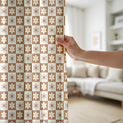 Onay Retro Daisy Curtains – Brown Checkered Floral Drapes