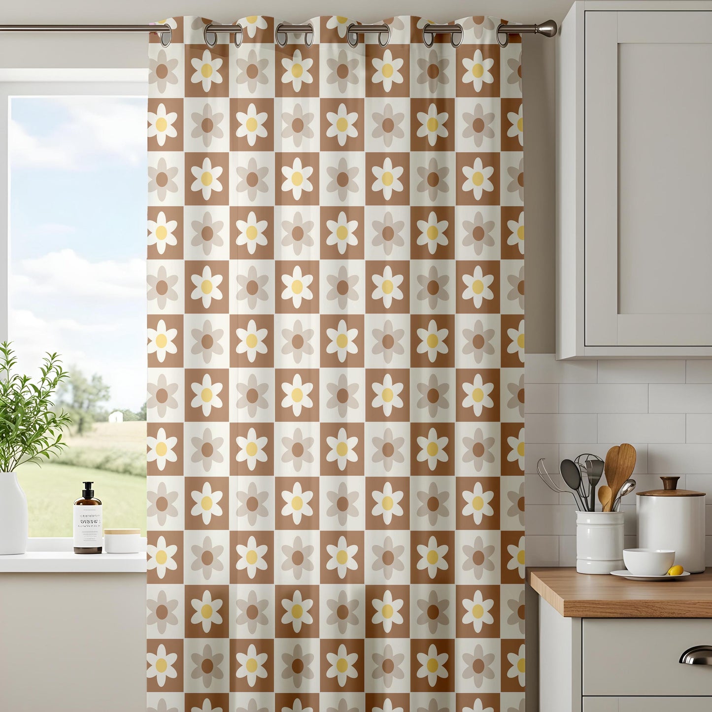 Onay Retro Daisy Curtains – Brown Checkered Floral Drapes