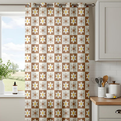 Onay Retro Daisy Curtains – Brown Checkered Floral Drapes