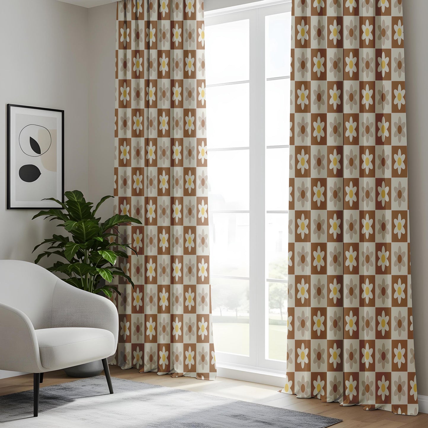 Onay Retro Daisy Curtains – Brown Checkered Floral Drapes