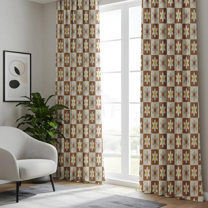 Onay Retro Daisy Curtains – Brown Checkered Floral Drapes
