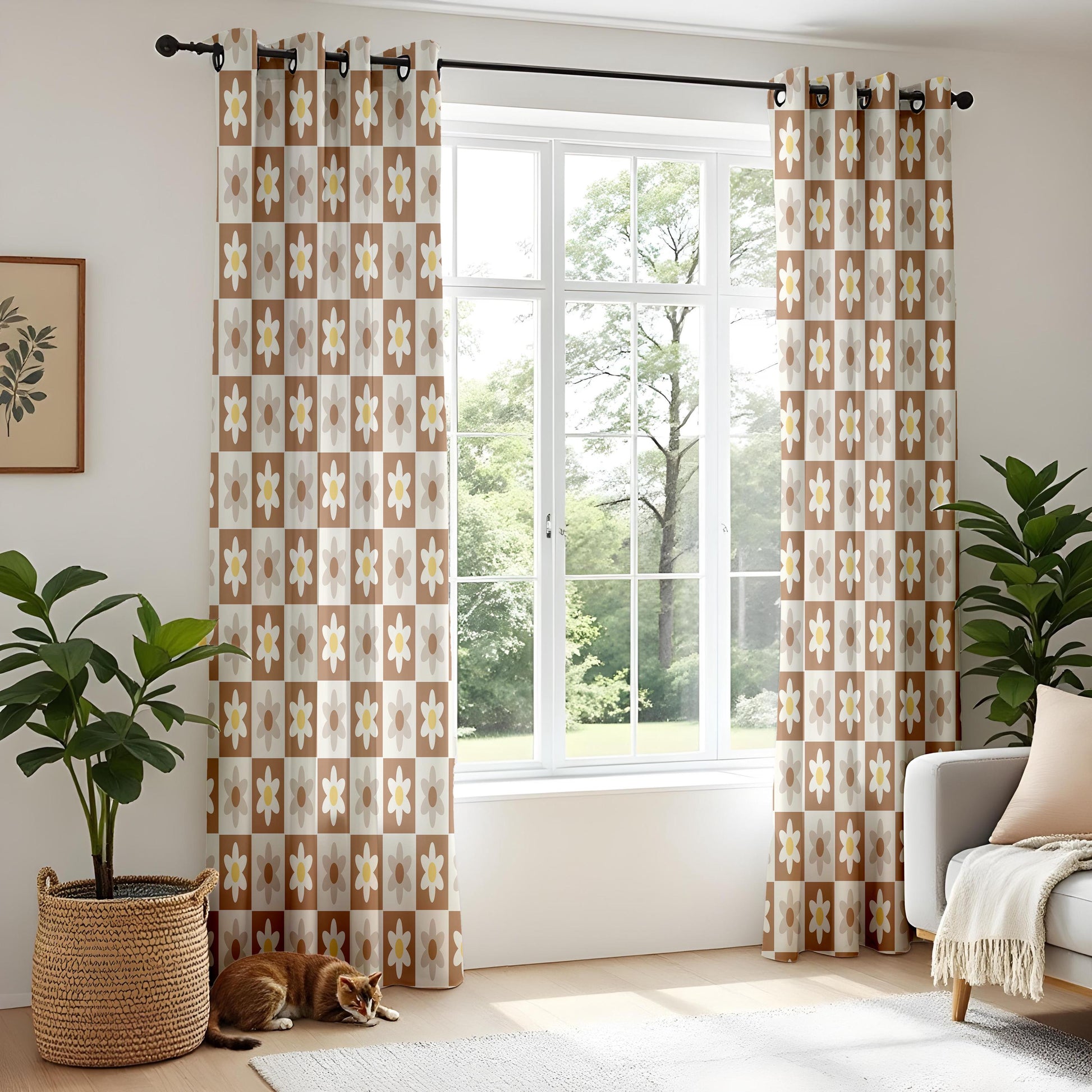 Onay Retro Daisy Curtains – Brown Checkered Floral Drapes