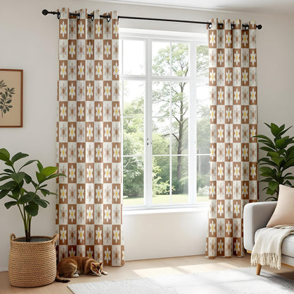 Onay Retro Daisy Curtains – Brown Checkered Floral Drapes