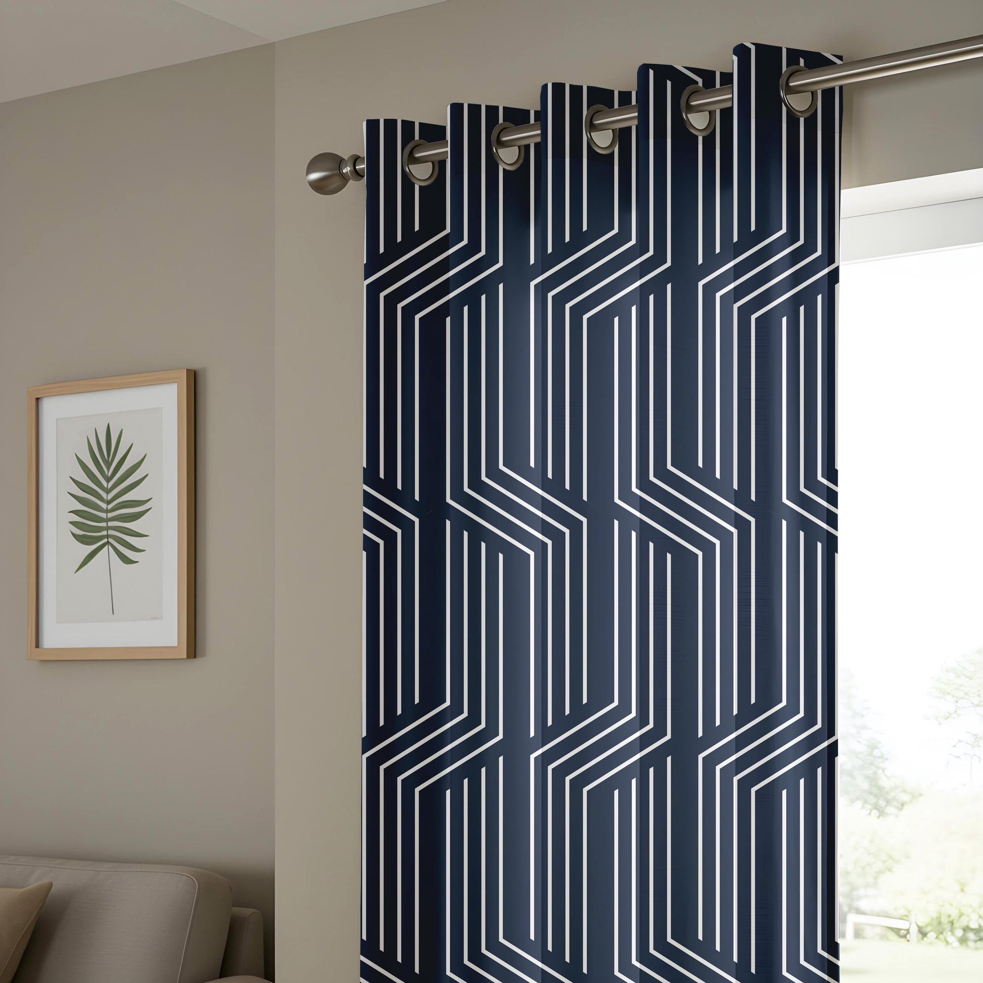 Onay Navy Blue Geometric Line Curtains – Modern Abstract Art Deco Drapes