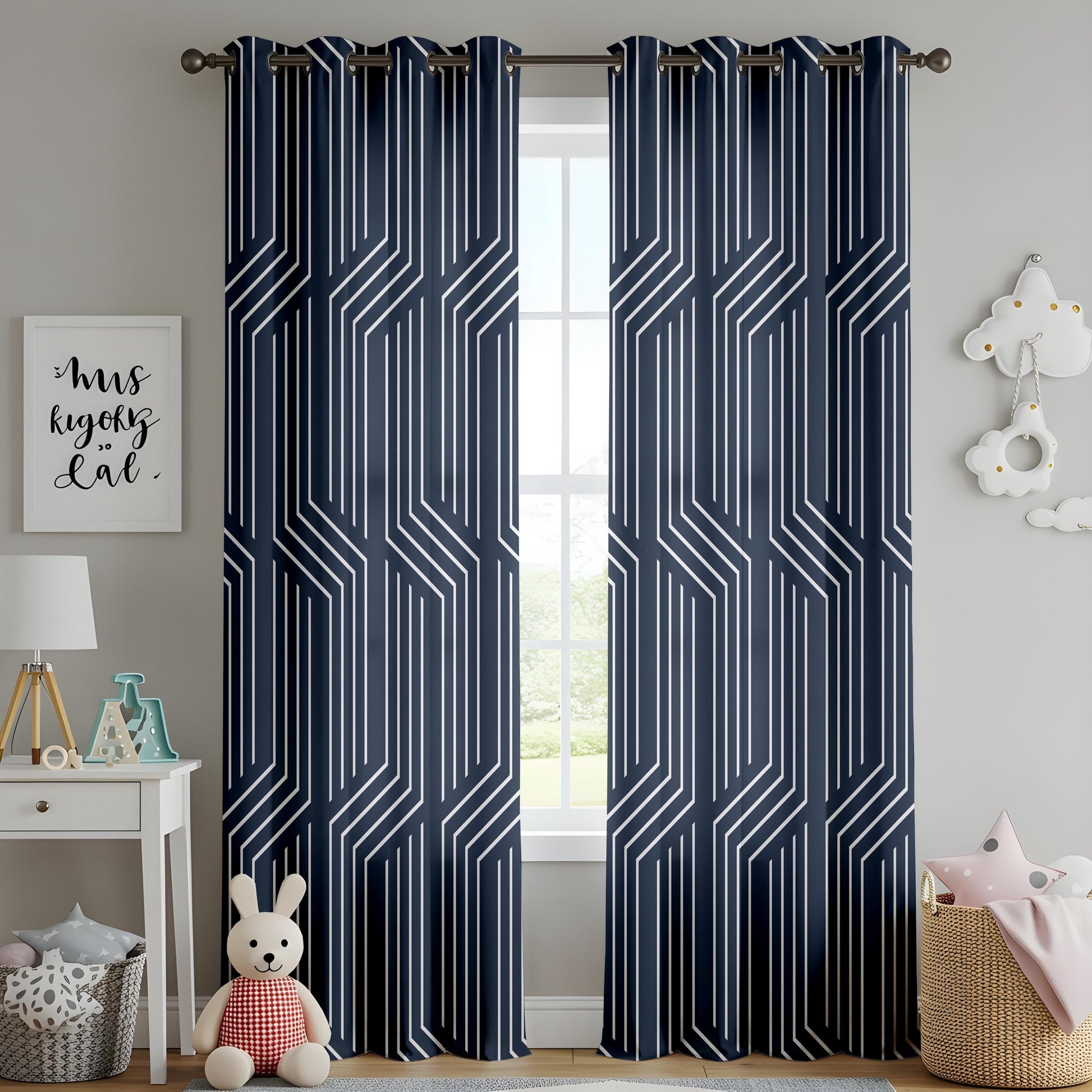 Onay Navy Blue Geometric Line Curtains – Modern Abstract Art Deco Drapes