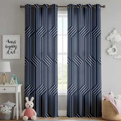 Onay Navy Blue Geometric Line Curtains – Modern Abstract Art Deco Drapes