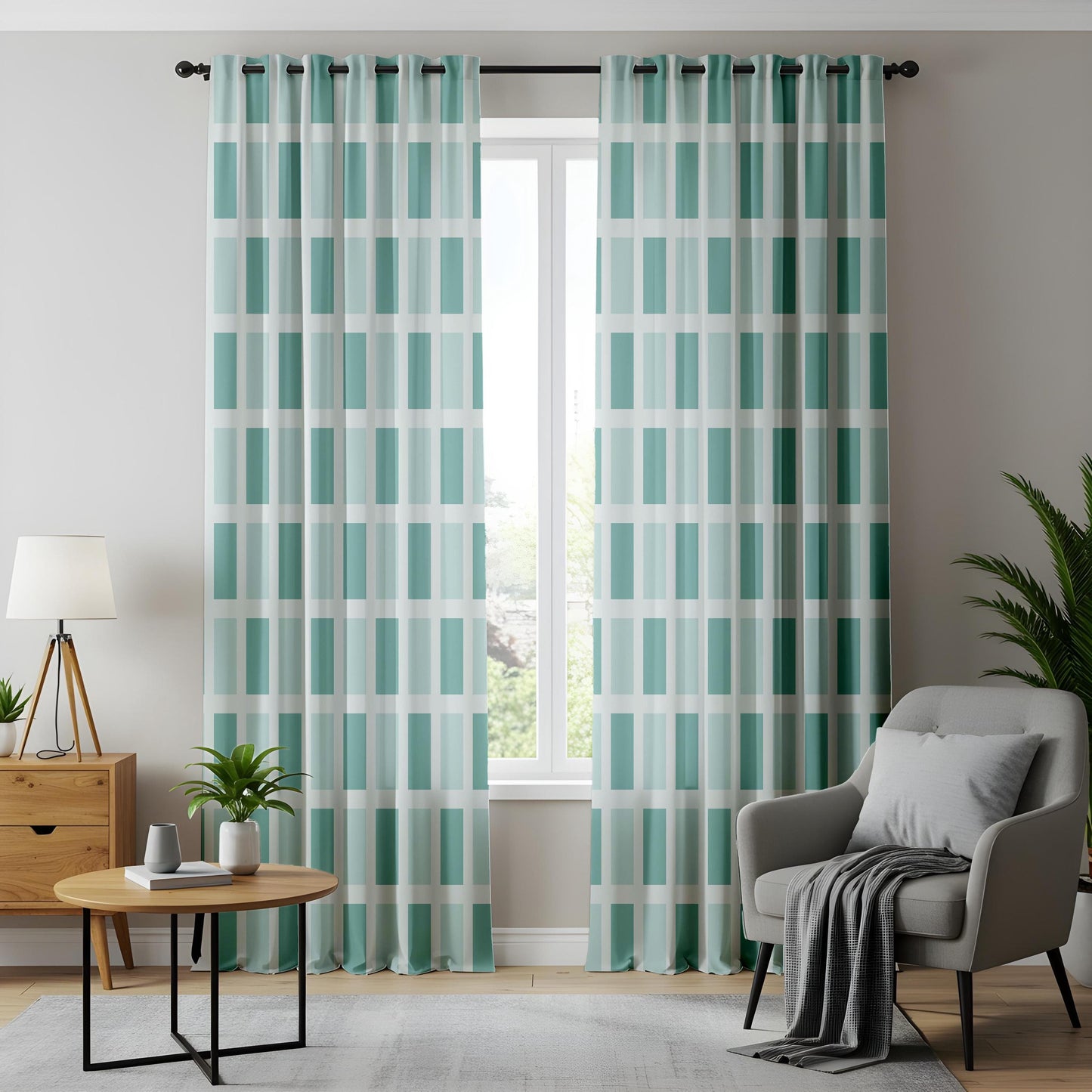 Onay Mint Green Grid Curtains – Aqua Teal Geometric Drapes