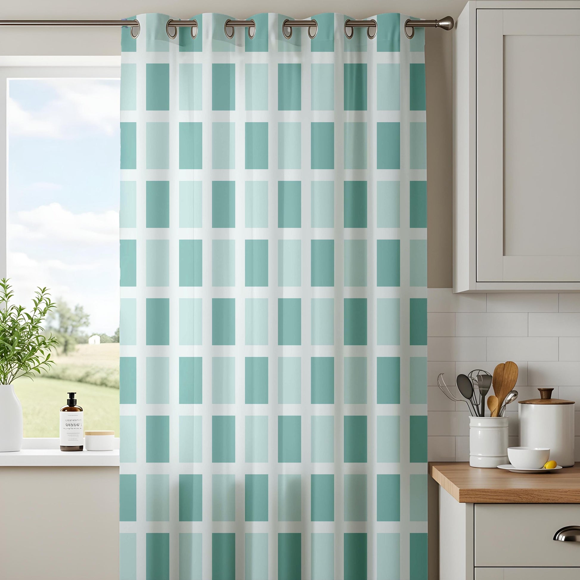 Onay Mint Green Grid Curtains – Aqua Teal Geometric Drapes
