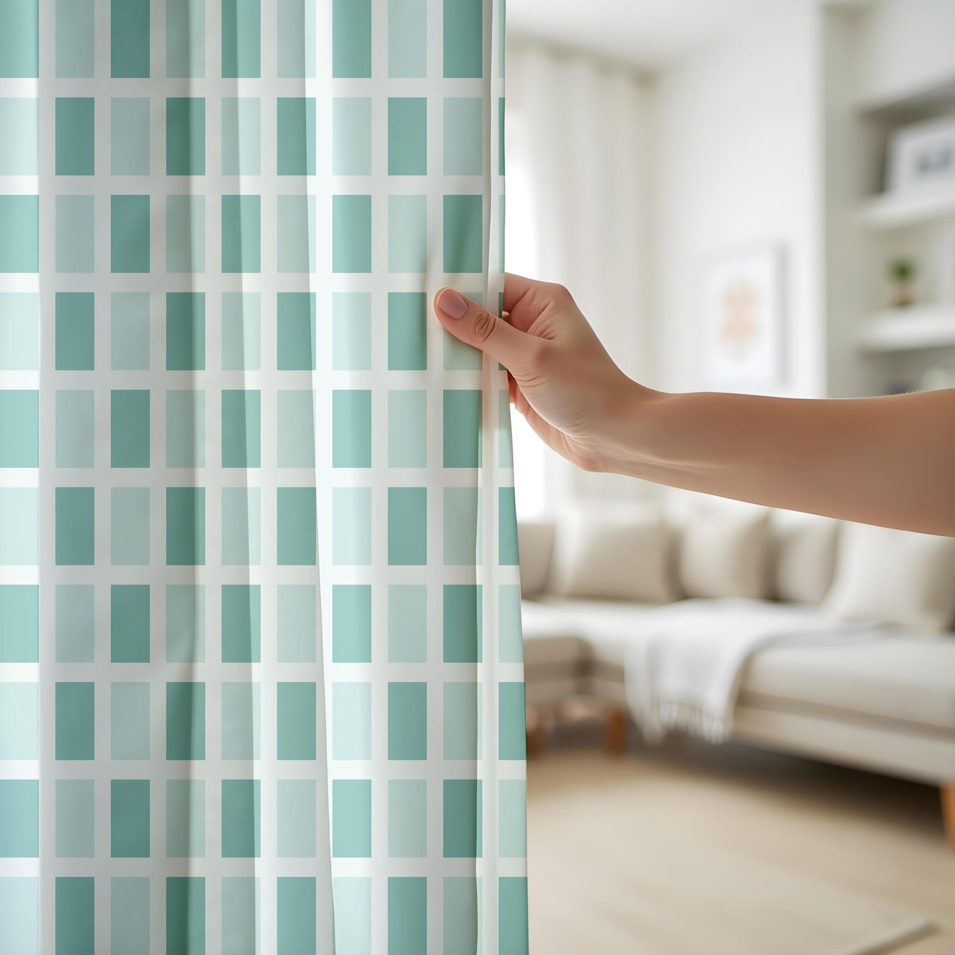 Onay Mint Green Grid Curtains – Aqua Teal Geometric Drapes