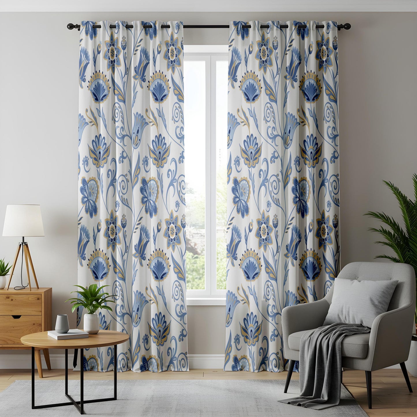 Onay Blue Yellow Floral Curtains – French Country Botanical Drapes