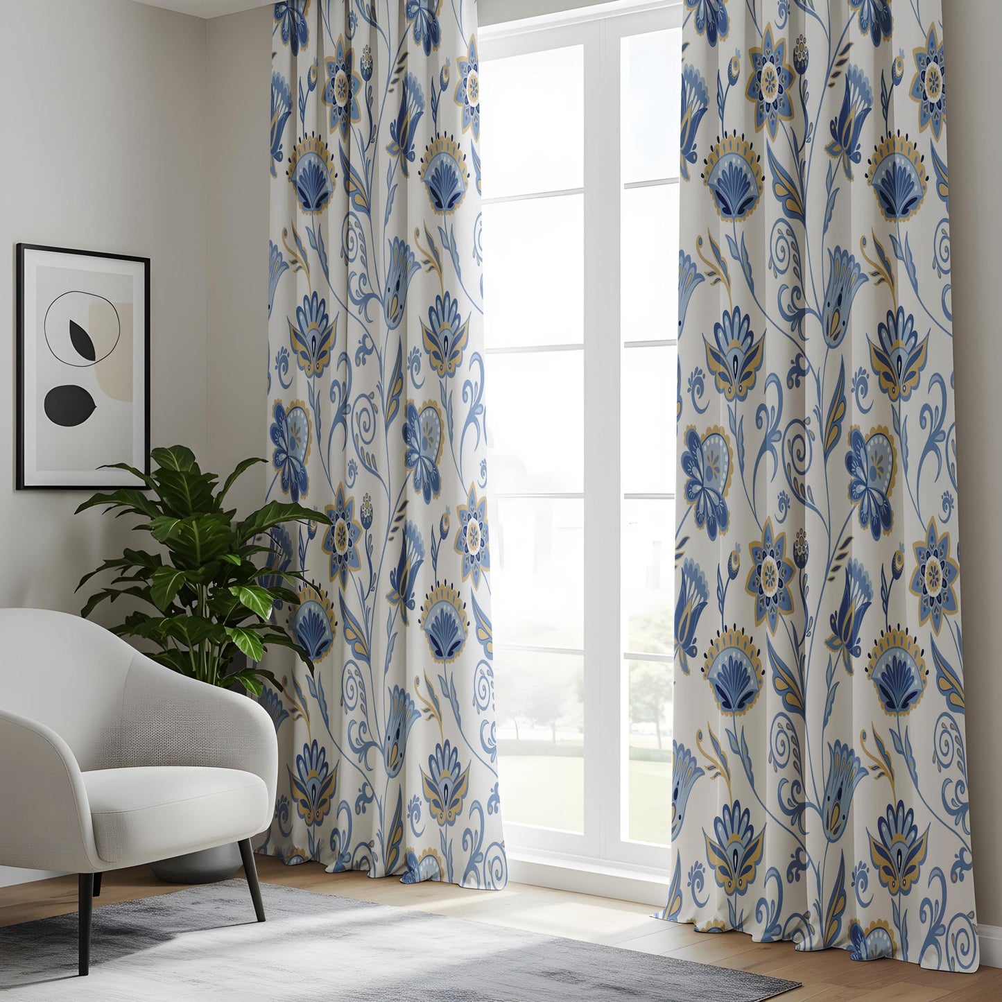 Onay Blue Yellow Floral Curtains – French Country Botanical Drapes