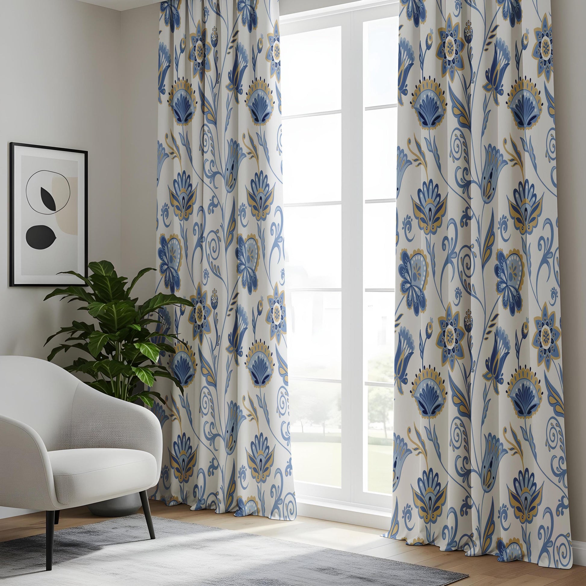 Onay Blue Yellow Floral Curtains – French Country Botanical Drapes
