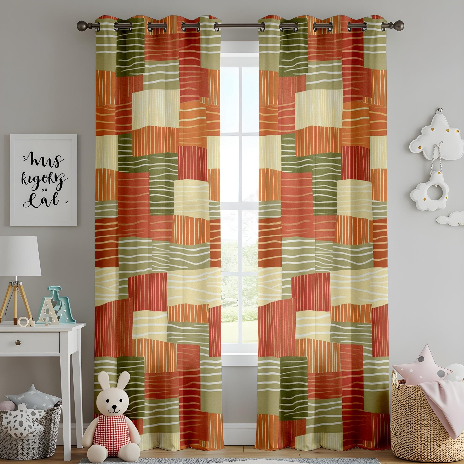 Onay Terracotta Green Color Block Curtains – Boho Retro Living Room