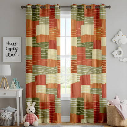 Onay Terracotta Green Color Block Curtains – Boho Retro Living Room