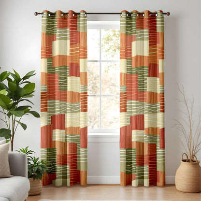 Onay Terracotta Green Color Block Curtains – Boho Retro Living Room