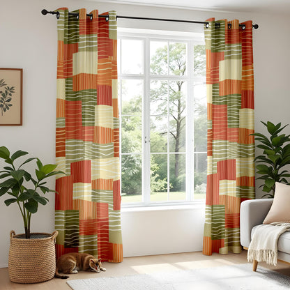 Onay Terracotta Green Color Block Curtains – Boho Retro Living Room