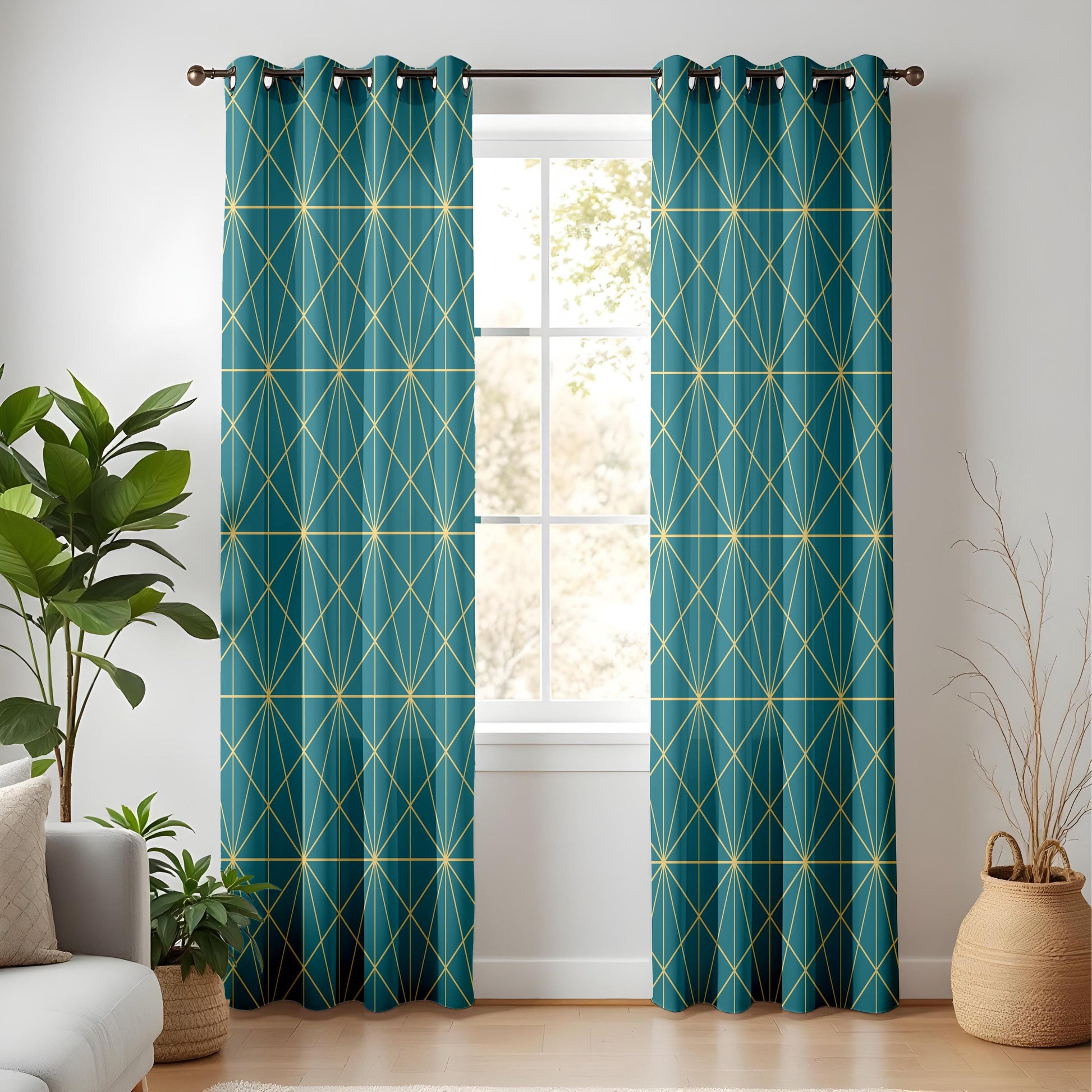 Onay Teal Gold/Yellow Geometric Curtains – Modern Art Deco Line Drapes