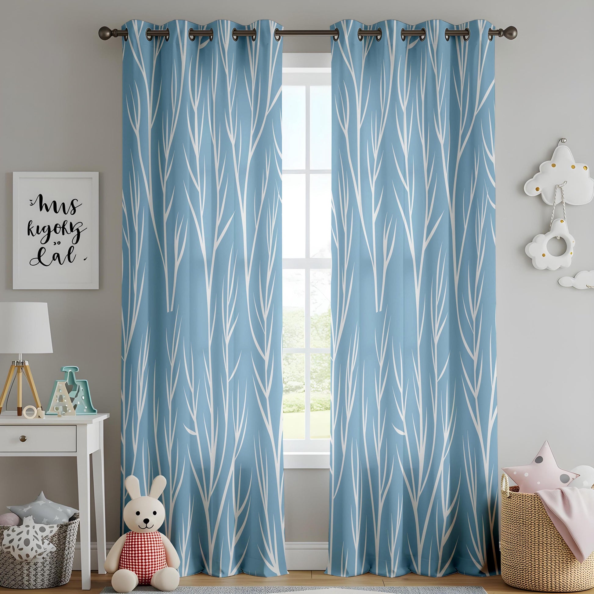Onay Light Blue Tree Branch Curtains – Modern Coastal Minimalist Drapes