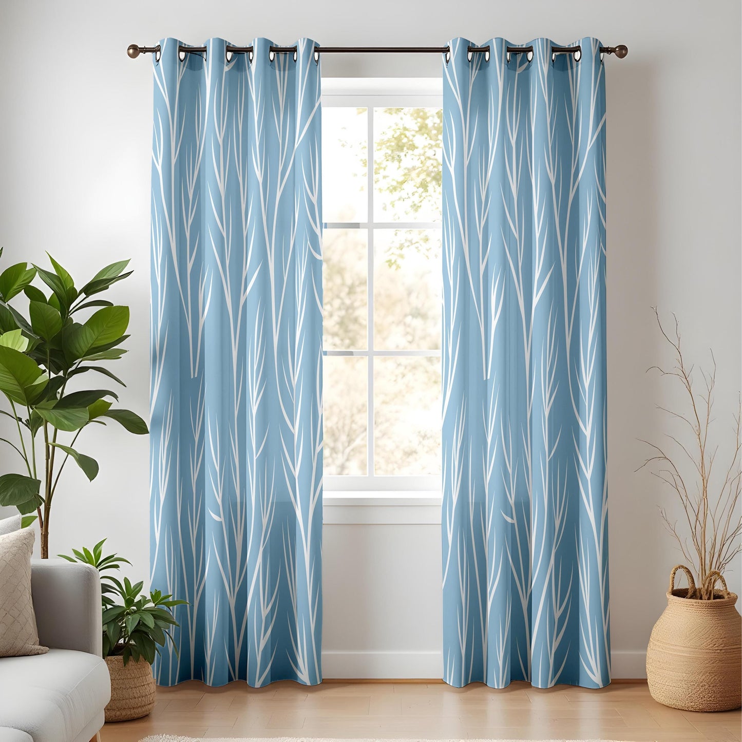 Onay Light Blue Tree Branch Curtains – Modern Coastal Minimalist Drapes