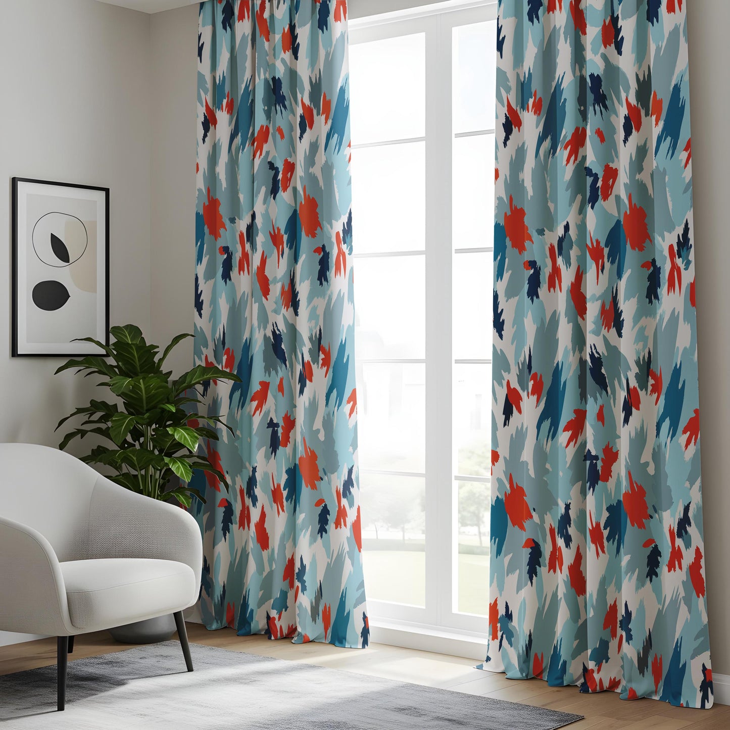Onay Blue Orange Abstract Curtains – Modern Painterly Brushstroke Drapes