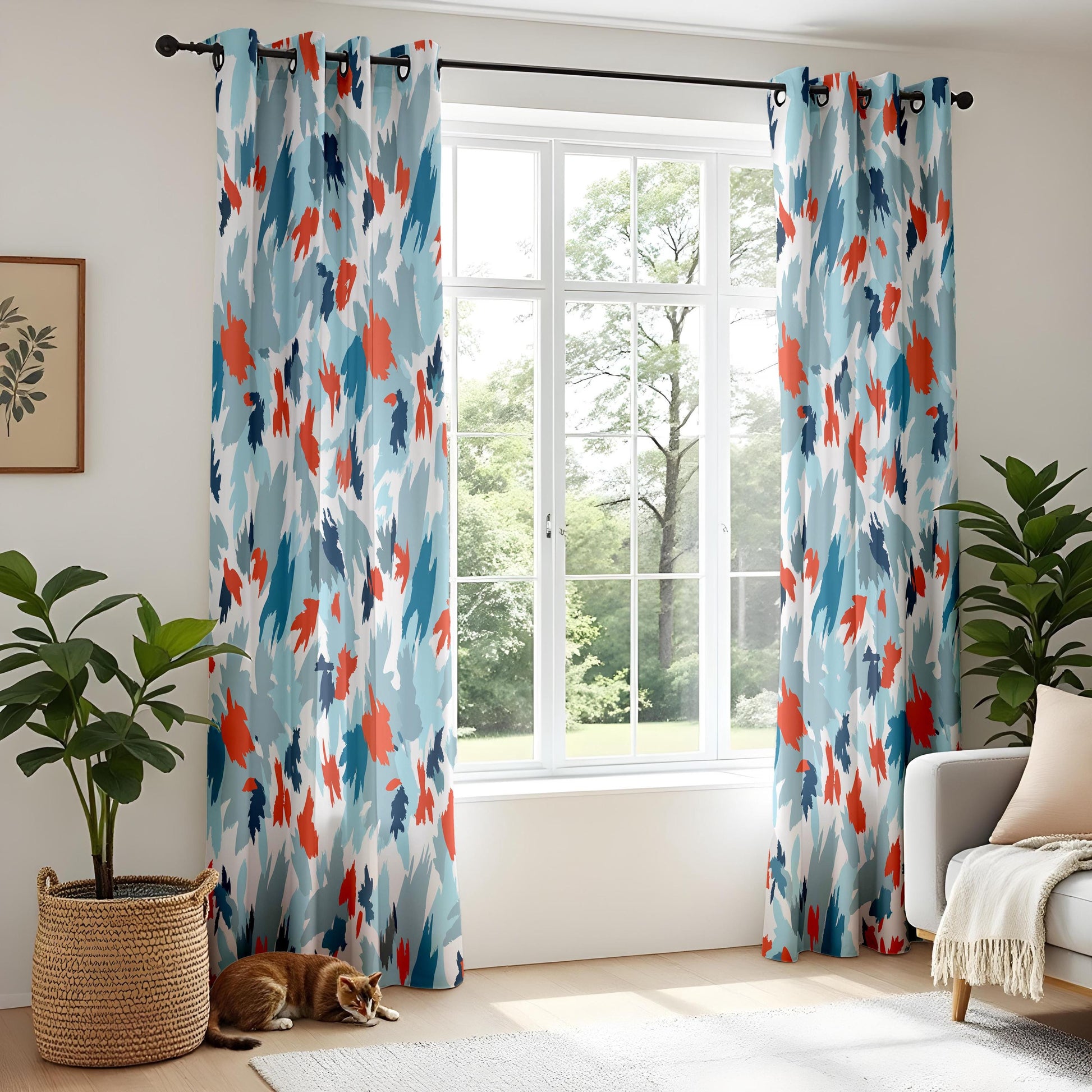 Onay Blue Orange Abstract Curtains – Modern Painterly Brushstroke Drapes