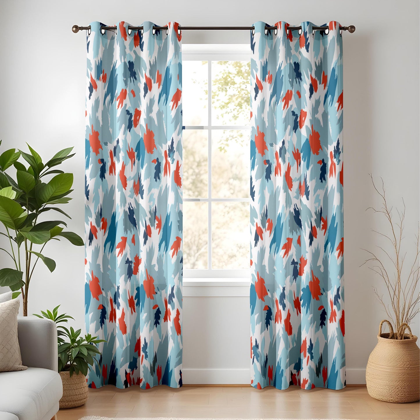 Onay Blue Orange Abstract Curtains – Modern Painterly Brushstroke Drapes
