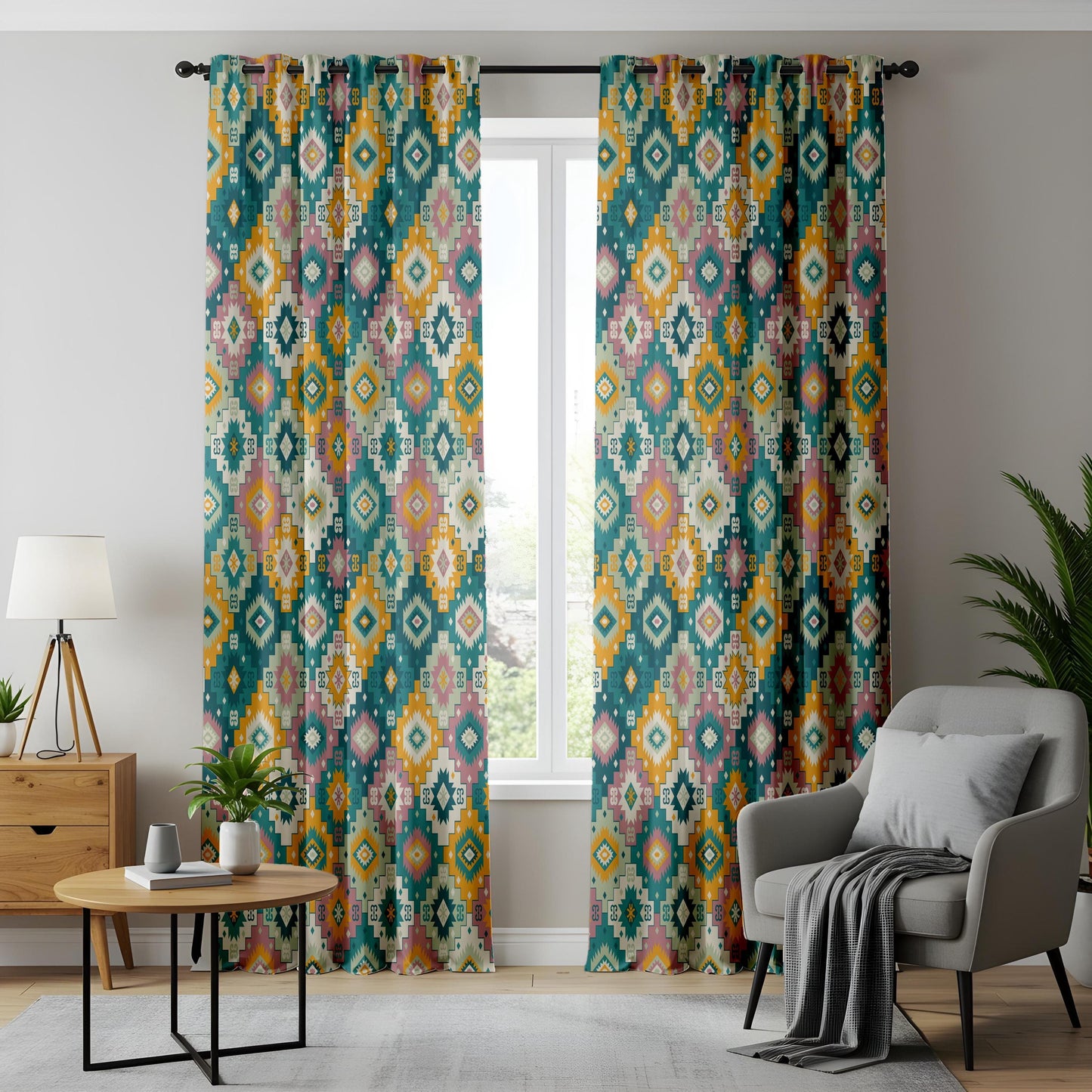 Onay Teal Mustard Boho Geometric Curtains – Southwestern Kilim Aztec Drapes