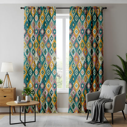 Onay Teal Mustard Boho Geometric Curtains – Southwestern Kilim Aztec Drapes
