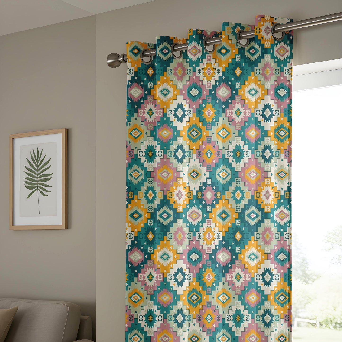 Onay Teal Mustard Boho Geometric Curtains – Southwestern Kilim Aztec Drapes