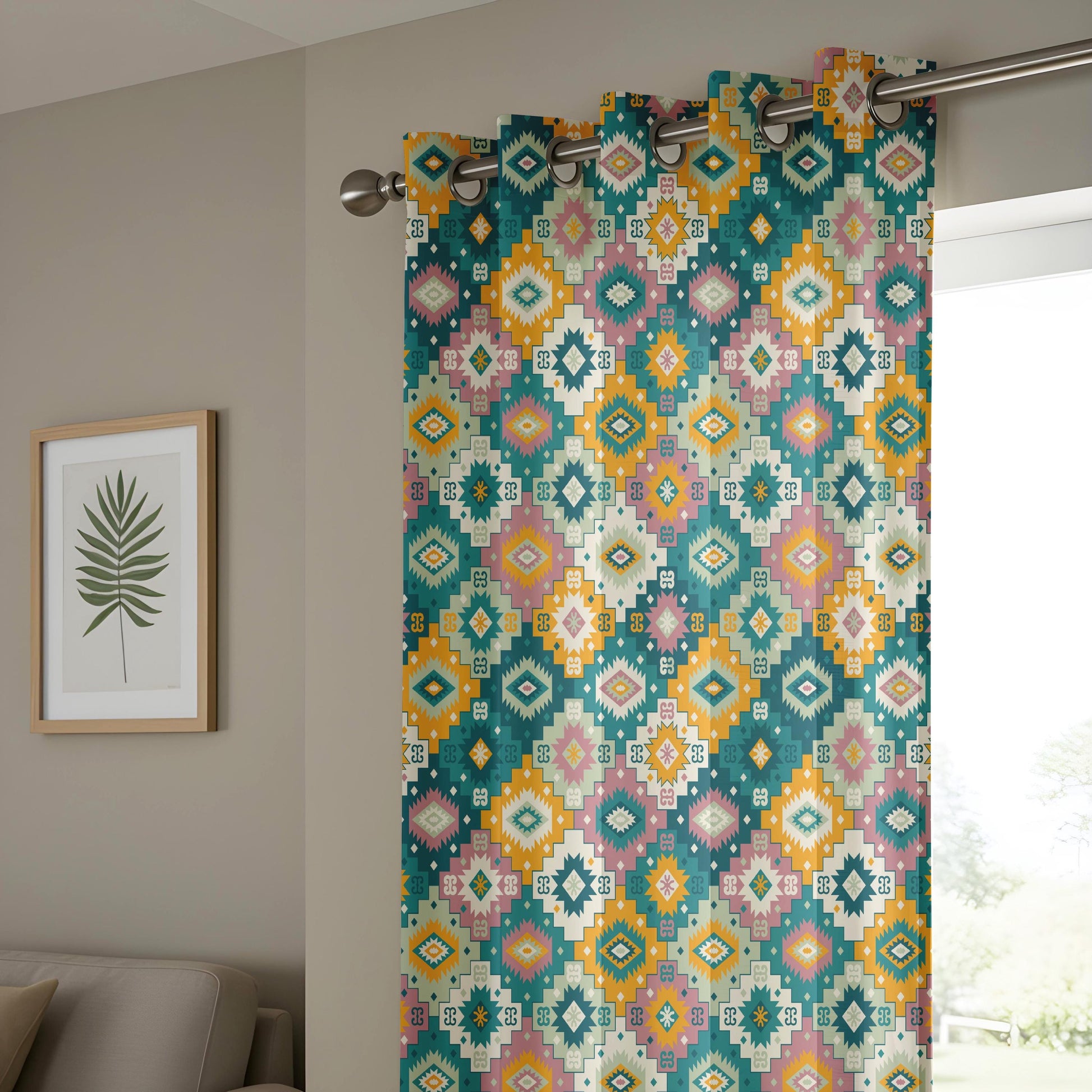 Onay Teal Mustard Boho Geometric Curtains – Southwestern Kilim Aztec Drapes