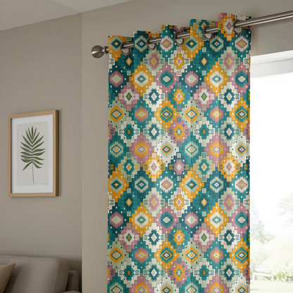 Onay Teal Mustard Boho Geometric Curtains – Southwestern Kilim Aztec Drapes