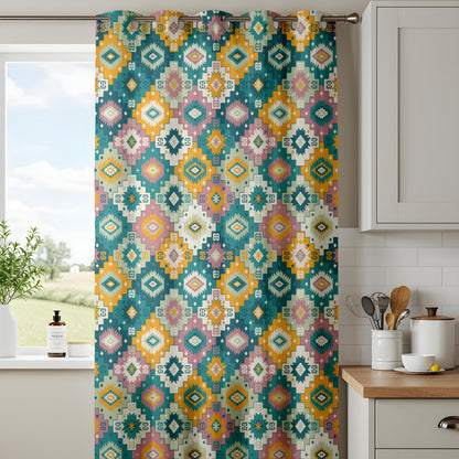Onay Teal Mustard Boho Geometric Curtains – Southwestern Kilim Aztec Drapes