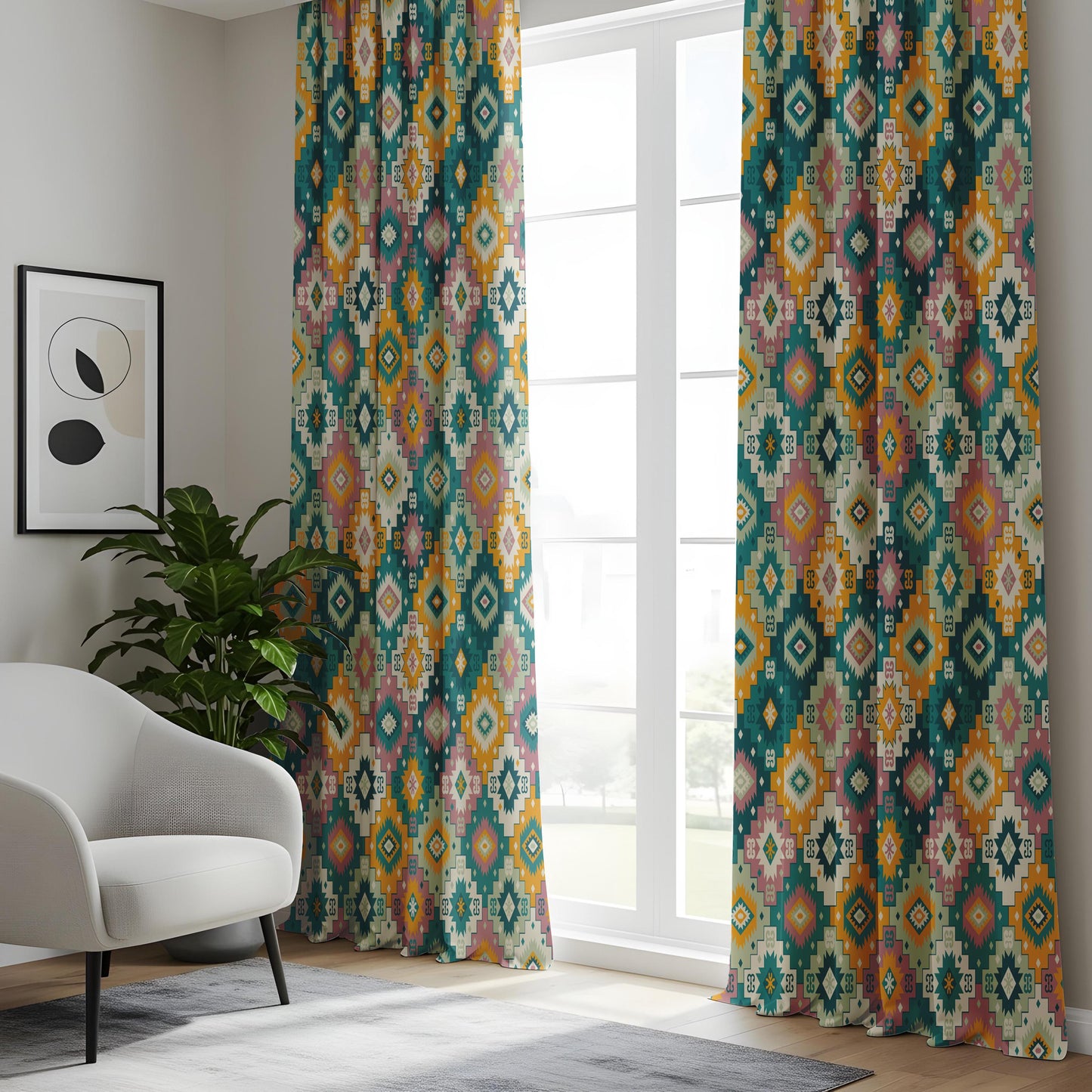 Onay Teal Mustard Boho Geometric Curtains – Southwestern Kilim Aztec Drapes