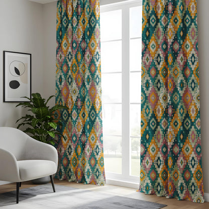 Onay Teal Mustard Boho Geometric Curtains – Southwestern Kilim Aztec Drapes