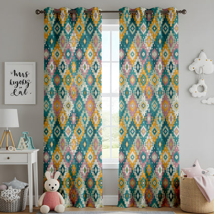 Onay Teal Mustard Boho Geometric Curtains – Southwestern Kilim Aztec Drapes