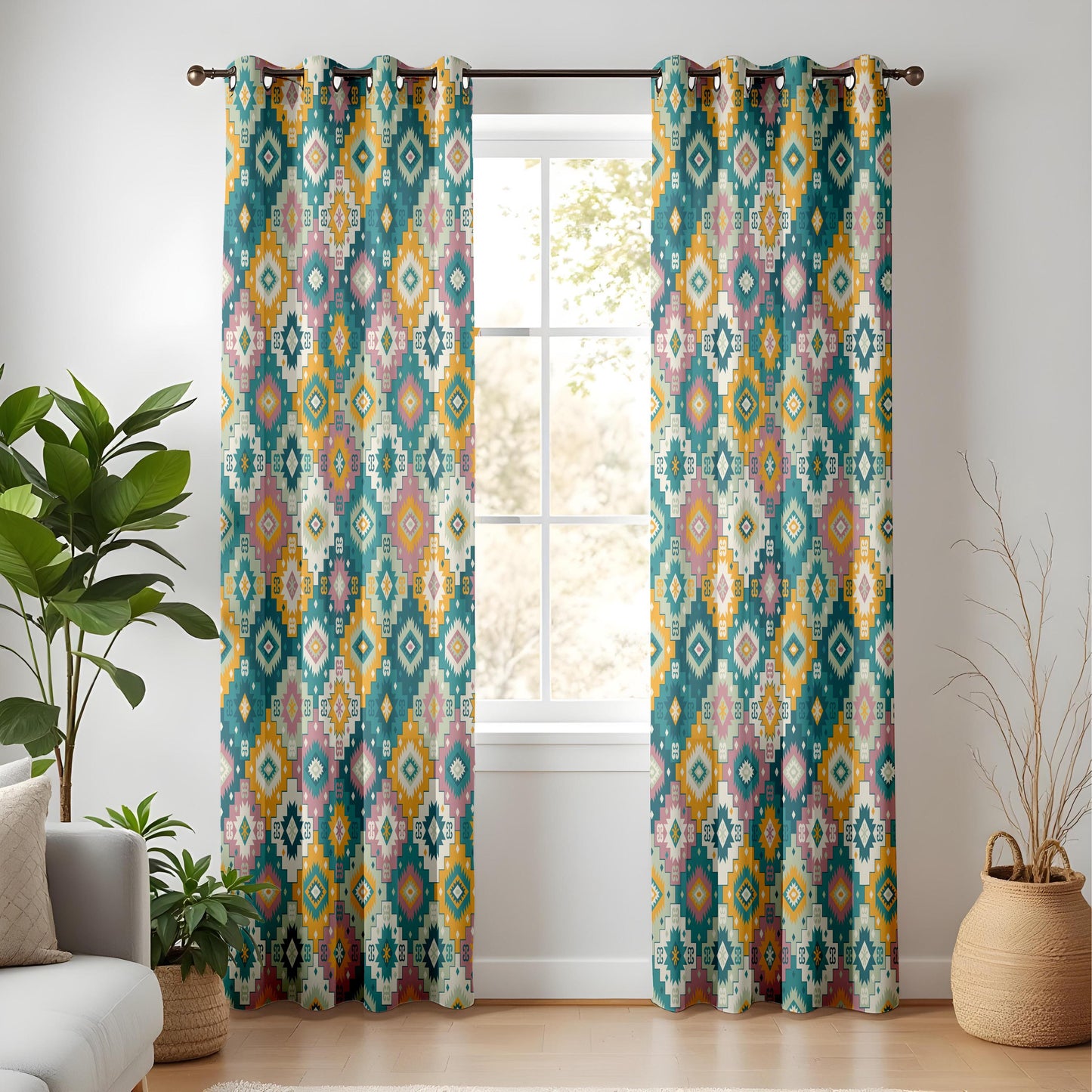 Onay Teal Mustard Boho Geometric Curtains – Southwestern Kilim Aztec Drapes