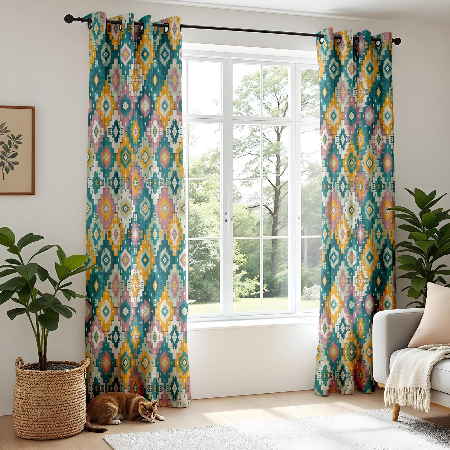 Onay Teal Mustard Boho Geometric Curtains – Southwestern Kilim Aztec Drapes