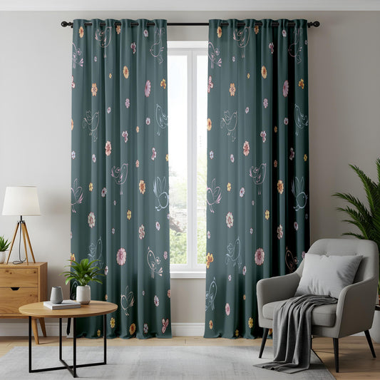 Onay Dark Teal Whimsical Bird Curtains – Floral Doodle Drapes