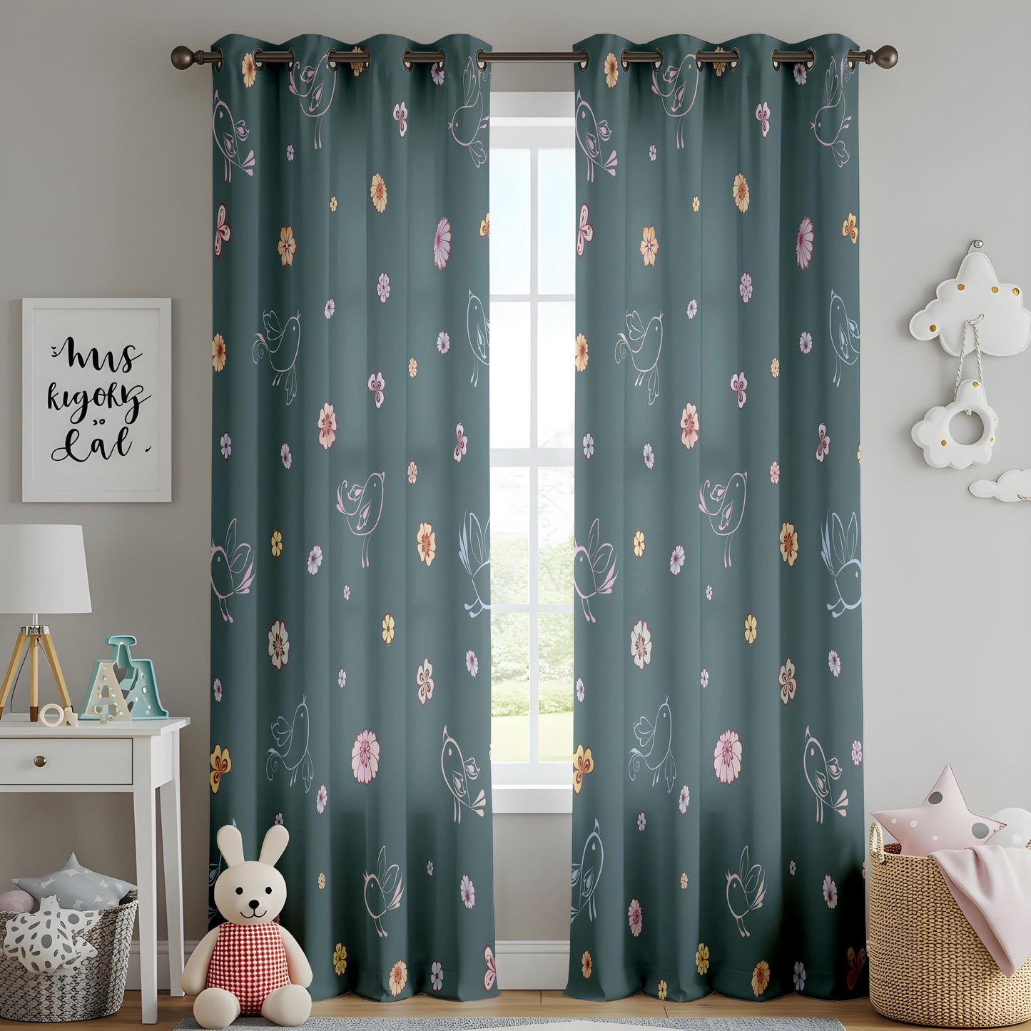 Onay Dark Teal Whimsical Bird Curtains – Floral Doodle Drapes