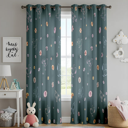 Onay Dark Teal Whimsical Bird Curtains – Floral Doodle Drapes