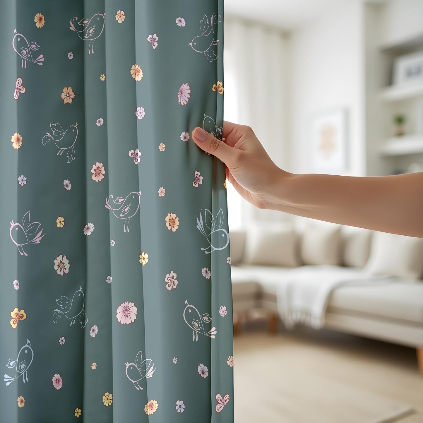 Onay Dark Teal Whimsical Bird Curtains – Floral Doodle Drapes