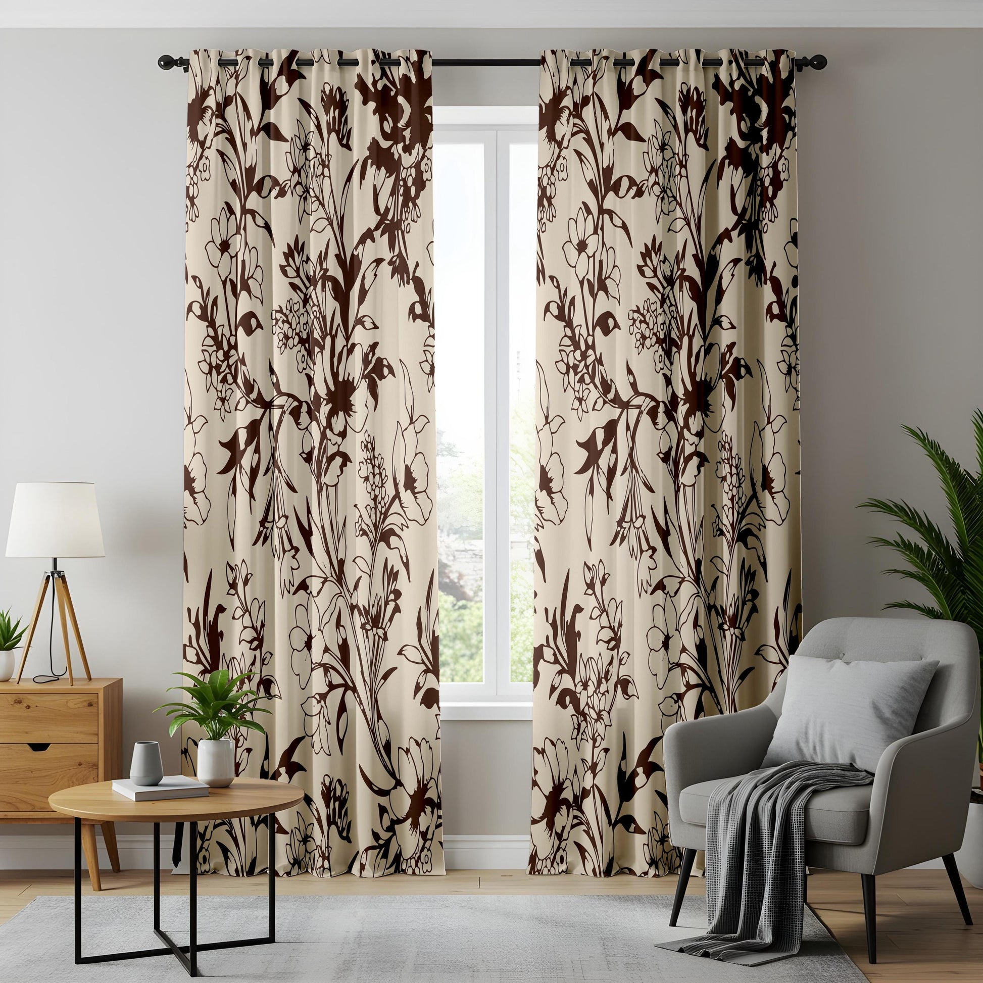 Onay Vintage Brown Floral Silhouette Curtains – Beige Botanical Vine Drapes